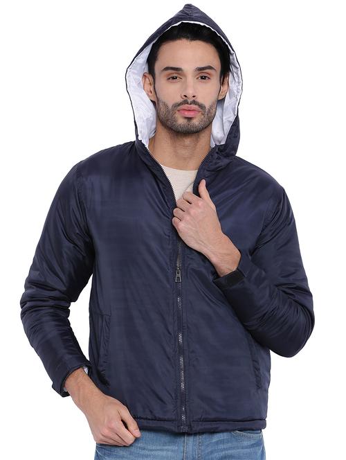 navy blue solid nylon casual jacket - 11199333 - Very Small Image - 1