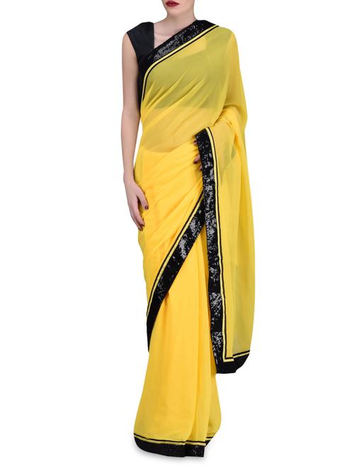 black sequined border solid yellow saree - 1122773 - Very Small Image - 1
