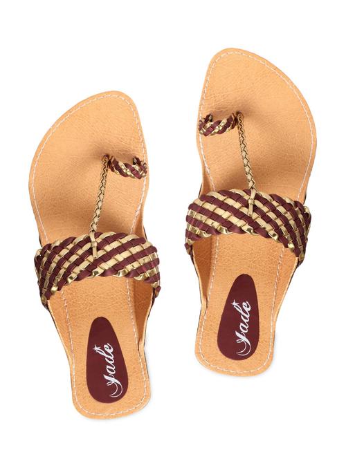 maroon-golden braided strap flat sandals - 1123309 - Very Small Image - 1