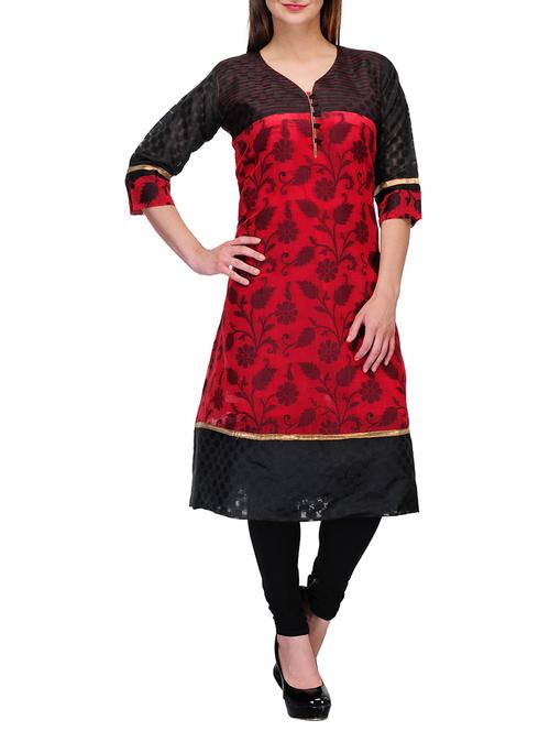 red color, chanderi cotton a- line kurta - 11246091 - Very Small Image - 1