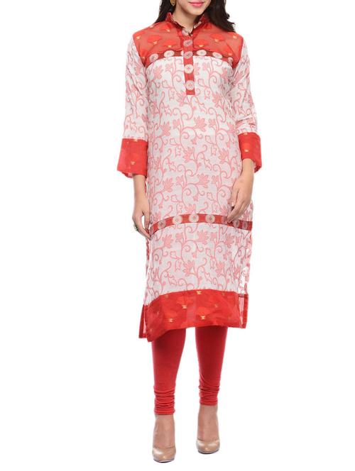red cotton embellished banarasi long kurta - 11246137 - Very Small Image - 1