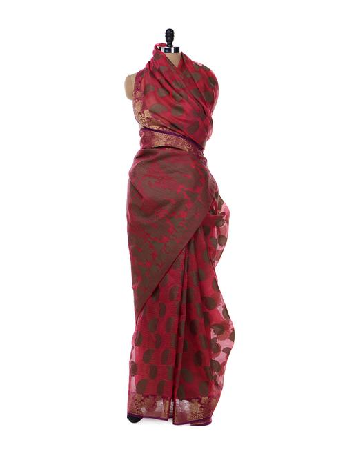 red and brown saree - 11248 - Very Small Image - 1