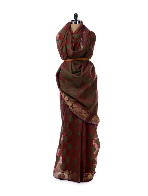 maroon and green saree - 11250 - Very Small Image - 1