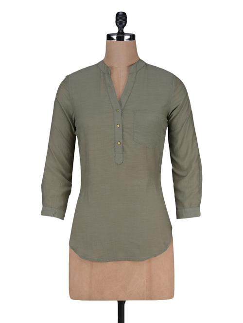 plain mandarin collar poly cotton top - 1125080 - Very Small Image - 1