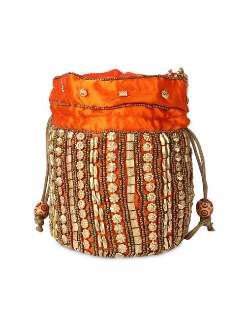 zari work orange silk potli - 1126017 - Very Small Image - 1