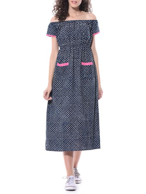 indigo printed cotton off-shoulder dress - 11260249 - Very Small Image - 1