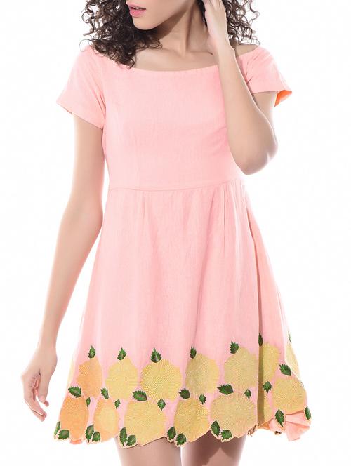 light pink embroidered linen boat neck dress - 11260259 - Very Small Image - 1