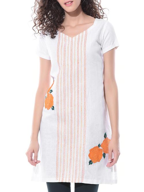 white embroidered linen kurta - 11260265 - Very Small Image - 1