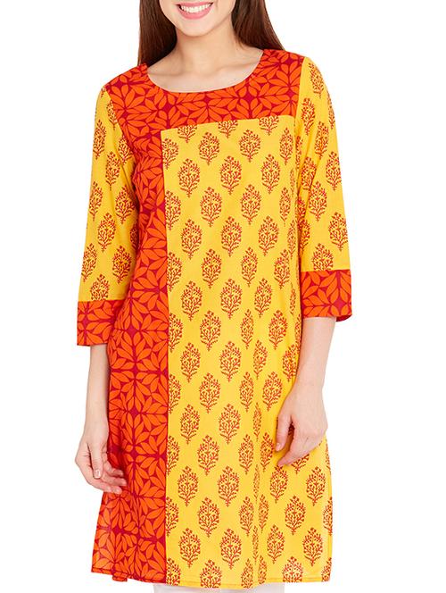 yellow cotton straight kurta - 11261583 - Very Small Image - 1