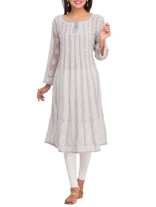 grey georgette chikankari kurta - 11266335 - Very Small Image - 1