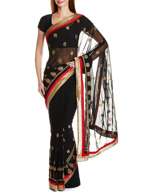 black chiffon embroidered saree with blouse - 11267800 - Very Small Image - 1