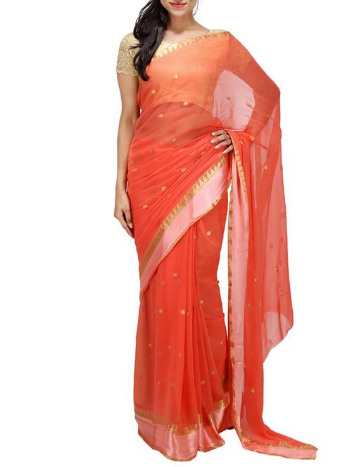 coral printed chiffon saree with blouse - 11284453 - Very Small Image - 1