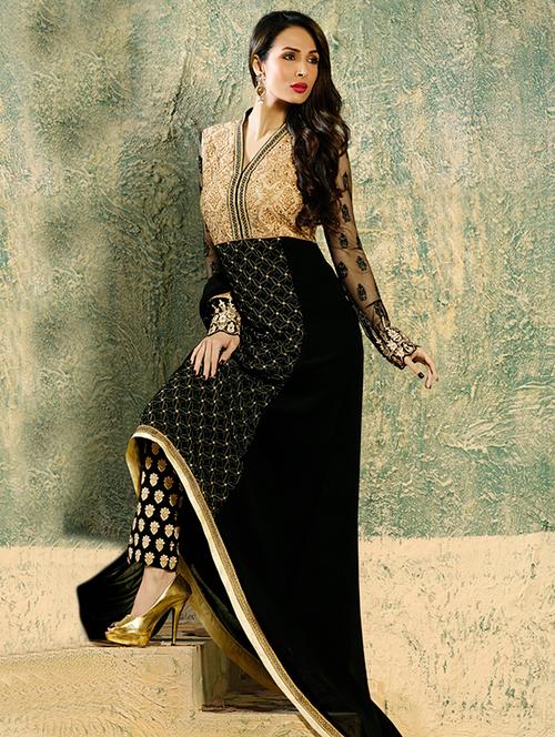 black georgette embroidered dress material - 11284930 - Very Small Image - 1