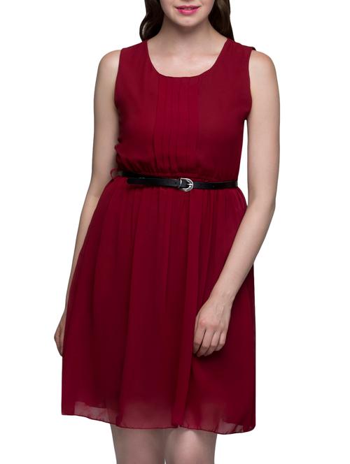 red poly georgette belted dress - 11285737 - Very Small Image - 1