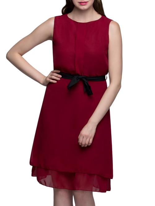 red poly georgette belted dress - 11285772 - Very Small Image - 1
