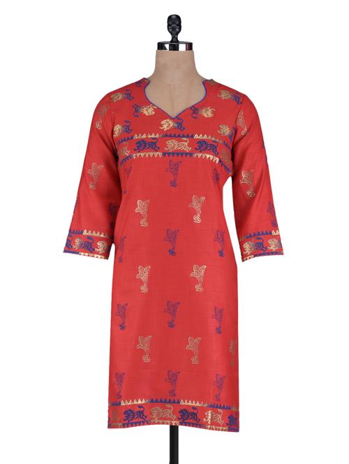 Red Printed Cotton Silk Kurta - 1128955 - Very Small Image - 1