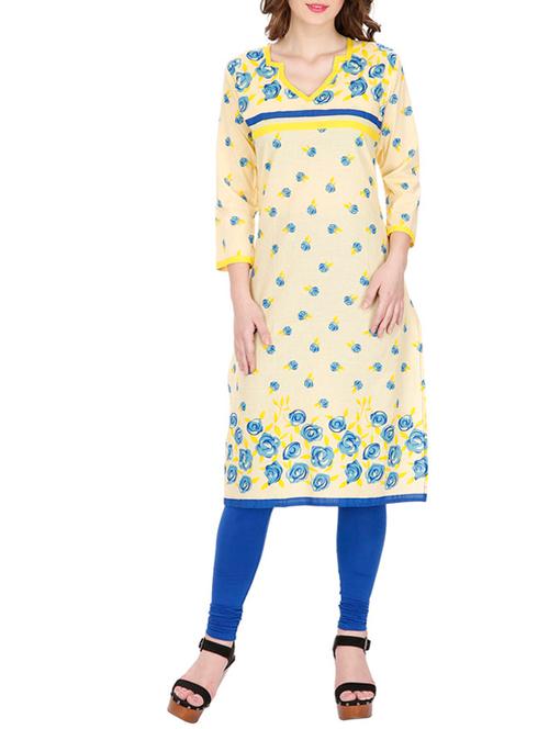 yellow cotton floral print kurta - 11298601 - Very Small Image - 1