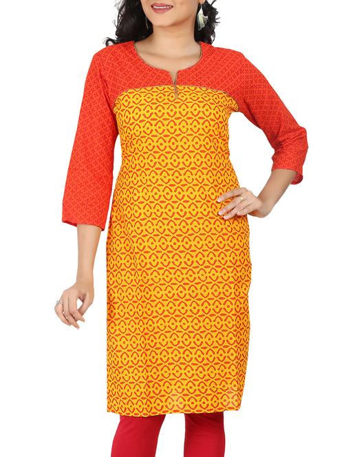 red and yellow printed cotton kurta - 11299076 - Very Small Image - 1
