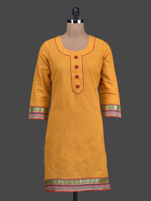 Yellow Brocade Border Cotton Kurti - 1129974 - Very Small Image - 1