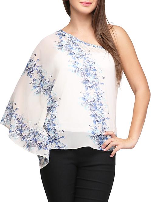 white and blue printed georgette off-shoulder top - 11300079 - Very Small Image - 1