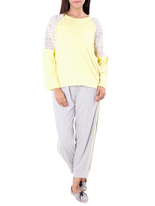 yellow grey color, cotton pyjama nightwear set - 11301810 - Very Small Image - 1