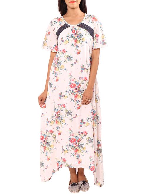 white cotton floral print nighty - 11301835 - Very Small Image - 1