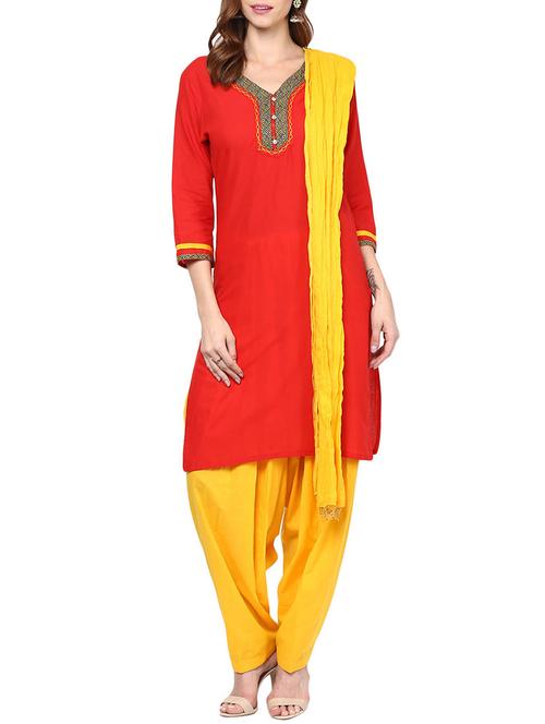 red cotton stitched patiyala suit - 11303975 - Very Small Image - 1