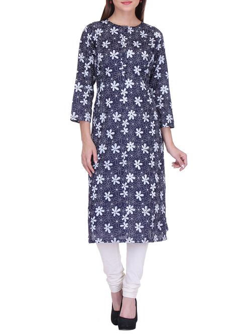 Indigo and white printed cotton kurta - 11311304 - Very Small Image - 1