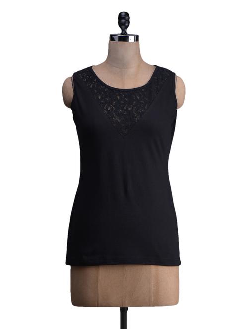 round neck solid black lace inset top - 1131137 - Very Small Image - 1