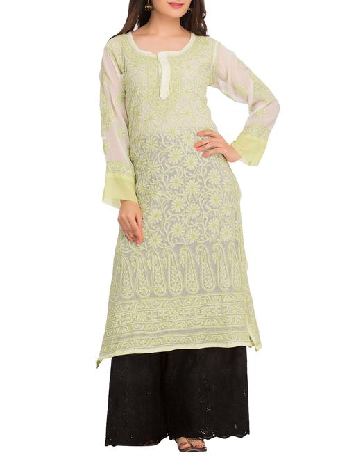 White Faux Georgette Chikankari Kurta - 11318749 - Very Small Image - 1