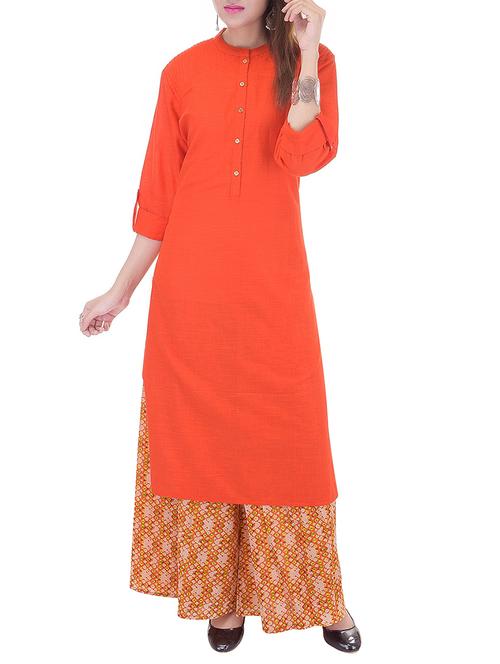 solid tangerine cotton kurta - 11322137 - Very Small Image - 1