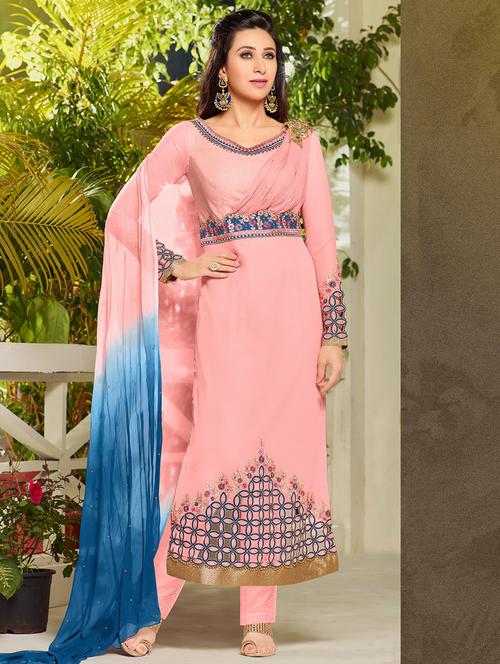 pink embroidered georgette unstitched suit set - 11324168 - Very Small Image - 1