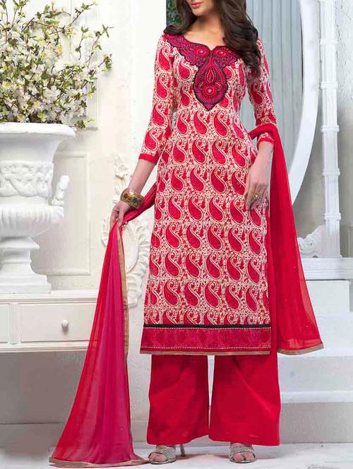 red cotton unstitched suit - 11326020 - Very Small Image - 1