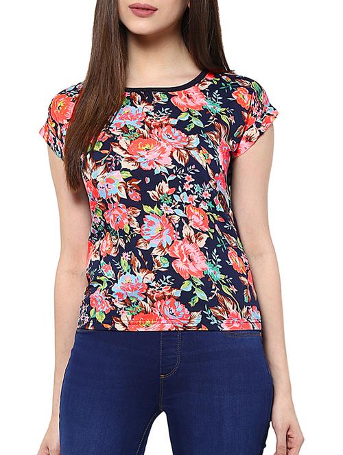 navy blue floral printed polyester regular top - 11361723 - Very Small Image - 1