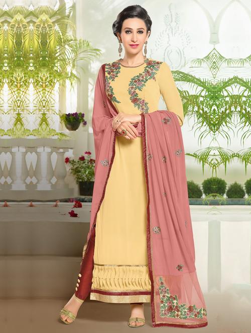 pale yellow floral embroidered georgette unstitched suit set - 11368076 - Very Small Image - 1