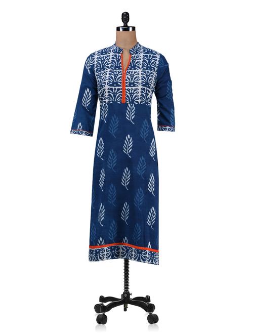 Blue block print cotton kurta - 1137017 - Very Small Image - 1