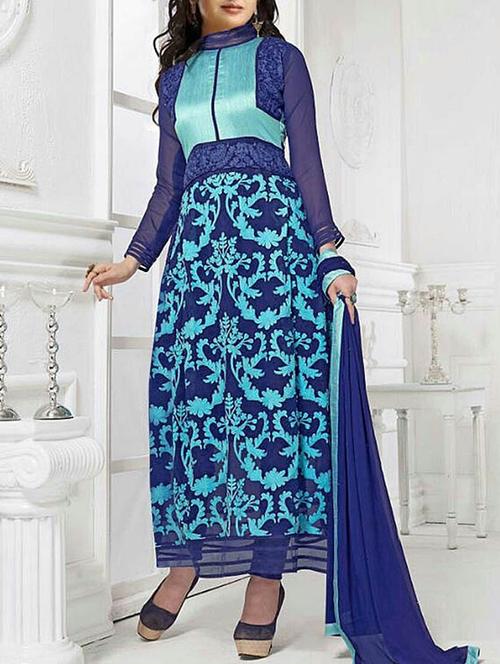 navy blue embroidered unstitched suit set - 11370634 - Very Small Image - 1