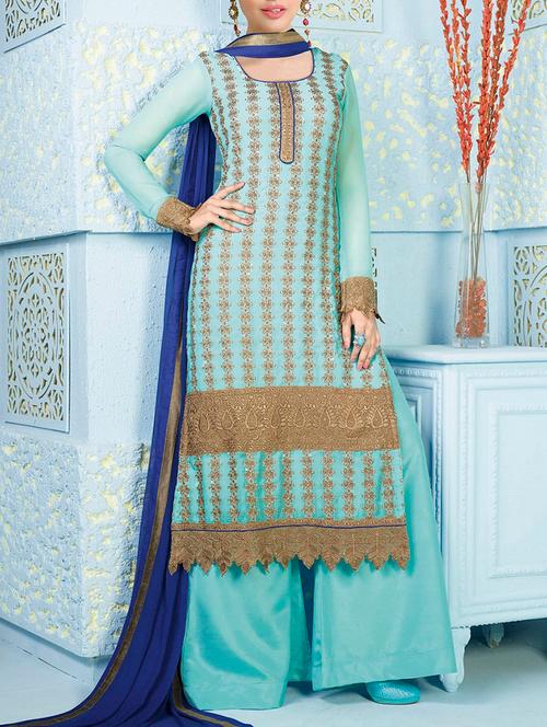 aqua blue embroidered georgette unstitched suit set - 11372804 - Very Small Image - 1