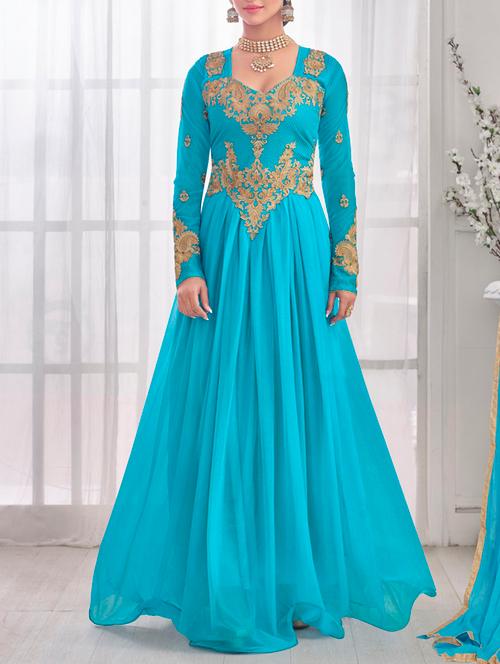 aqua blue embroidered cotton blend unstitched suit set - 11372920 - Very Small Image - 1