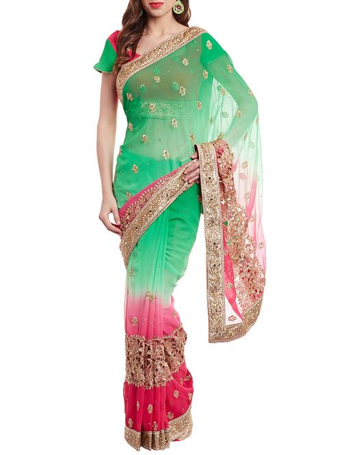 green and pink ombre embroidered saree with blouse - 11374339 - Very Small Image - 1