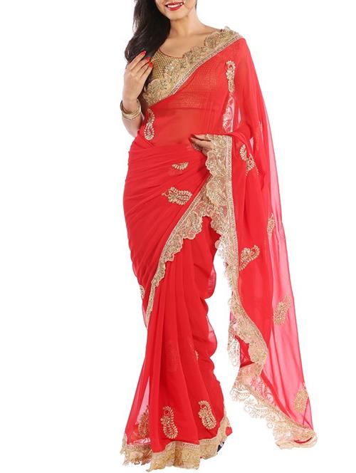 red embroidered georgette saree with blouse - 11374399 - Very Small Image - 1