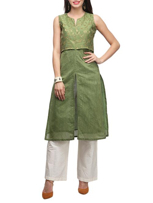 Green Silk High Slit Kurta - 11382354 - Very Small Image - 1