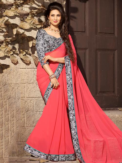 peach bordered georgette saree - 11393320 - Very Small Image - 1