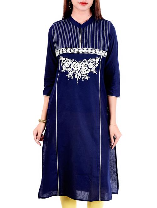navy blue embroidered cotton blend kurta - 11403615 - Very Small Image - 1