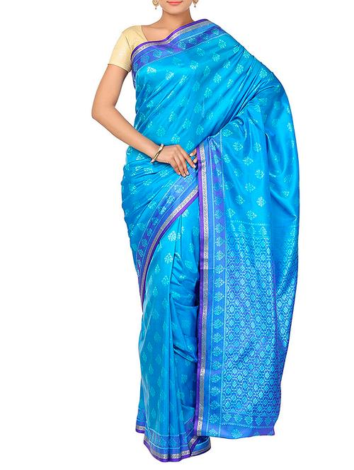 sky blue silk blend woven saree with blouse - 11406565 - Very Small Image - 1
