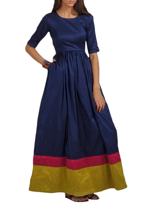 Navy blue raw silk maxi dress - 11409822 - Very Small Image - 1