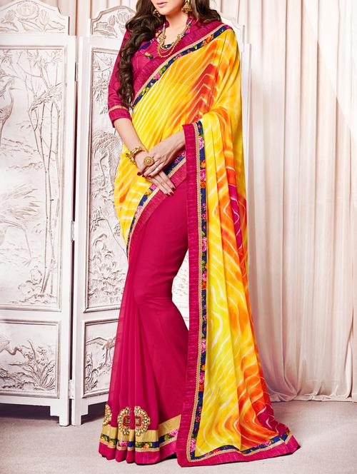 yellow & pink georgette embroidered half & half saree with blouse - 11414097 - Very Small Image - 1