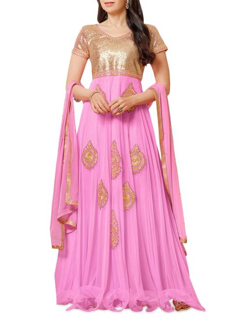 pink zari embroidered net gown style suit set - 1141657 - Very Small Image - 1