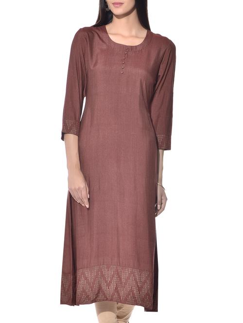 brown hand block print tussar cotton kurta - 11422046 - Very Small Image - 1