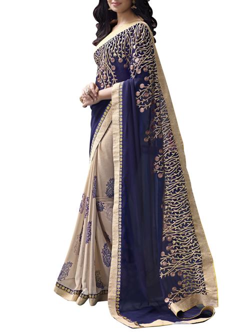 beige georgette embroidered half and half saree - 11424522 - Very Small Image - 1